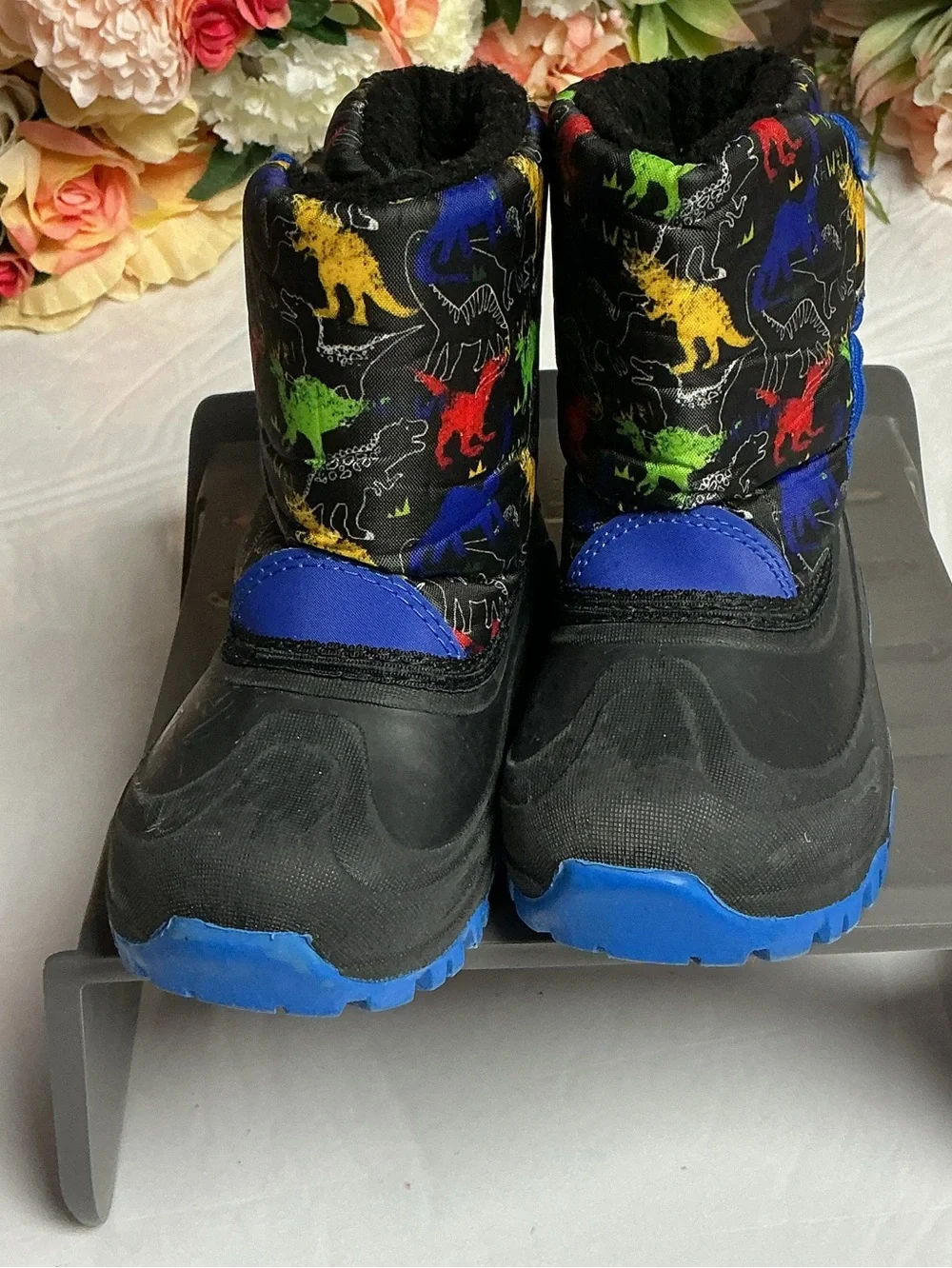 US Sports Toddler Snow Boots Size 8 Black Blue Dinosaur Print Winter Faux Fur